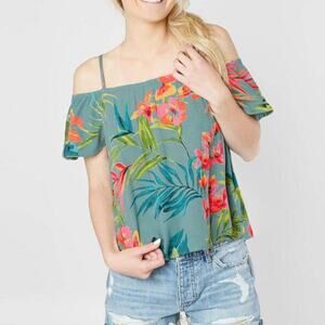 NEW Billabong Summer Nights Cold Shoulder Top Jungle Floral‎ Blue Size Small